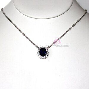 Princess Checker Cut Oval Sapphire Blue Cubic Zirconia White Gold Plate Necklace